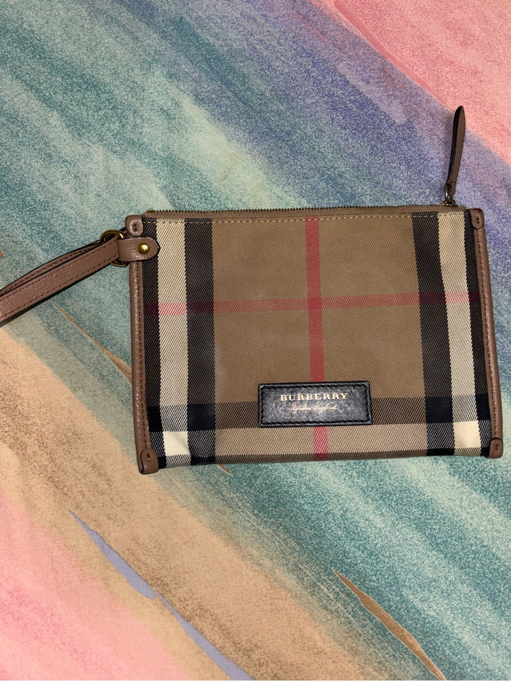 Burberry Check Canvas & Leather Pouch, Beige